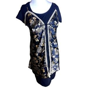 Y2K Victoria’s secret black and gold print lace tie front cami mini dress  sz M